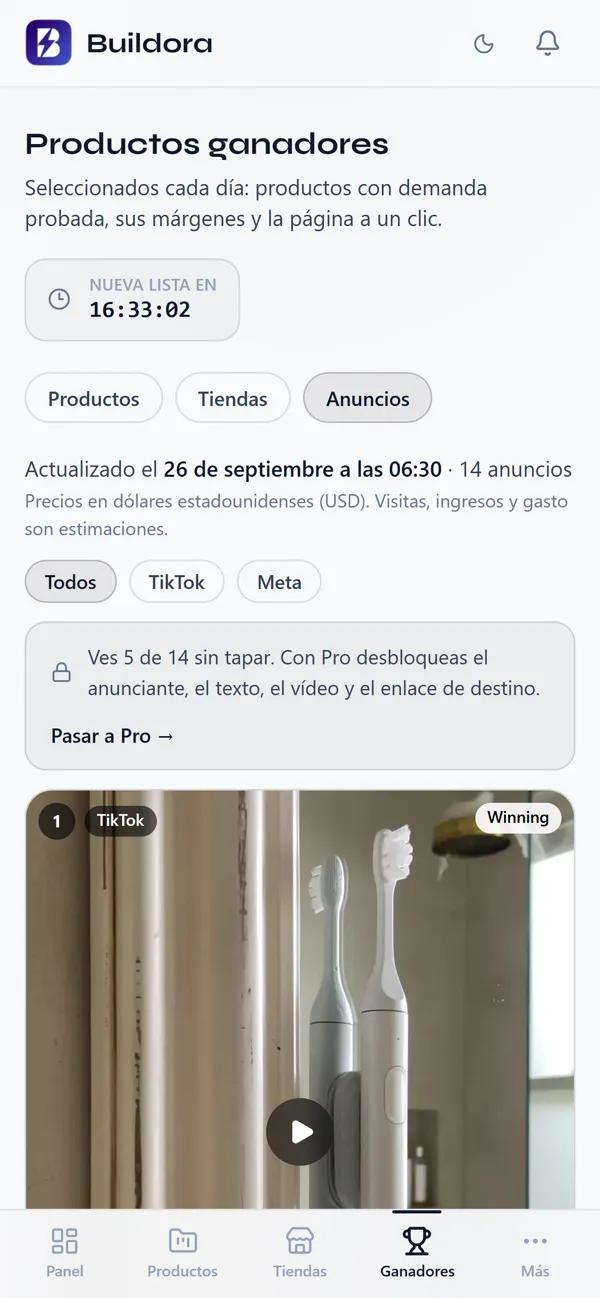 Pestaña Anuncios: anuncios de TikTok y Meta con su vídeo.