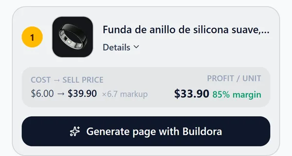 A product from the list with the “Generate page with Buildora” button.