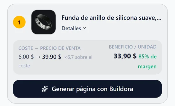 Un producto de la lista con el botón «Generar página con Buildora».