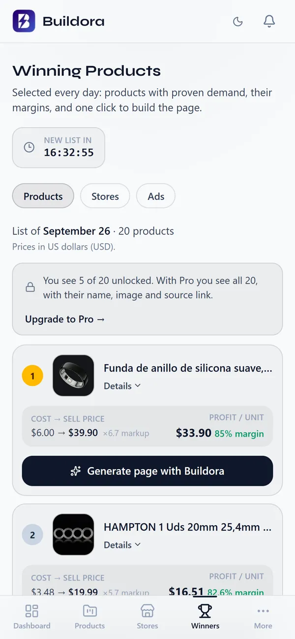 Products tab: the day's list with cost, selling price, profit and margin.