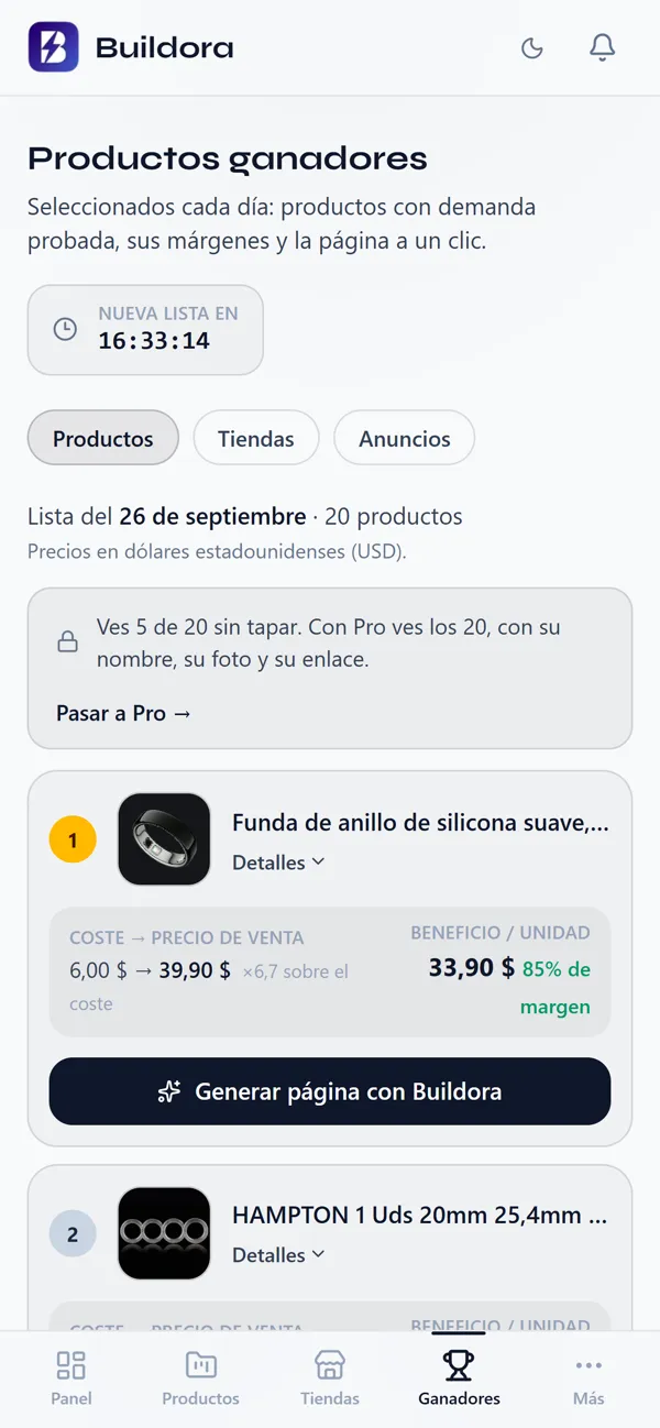 Pestaña Productos: la lista del día con coste, precio de venta, beneficio y margen.