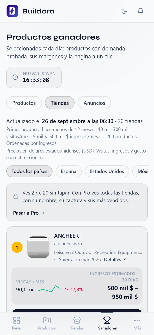Pestaña Tiendas: tiendas Shopify con sus visitas e ingresos estimados.
